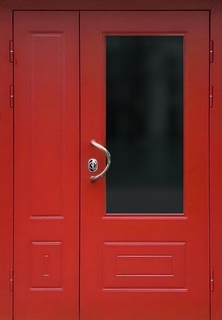 Полуторастворчатая остекленная термодверь с офисной ручкой-скобой и красными панелями МДФ RAL
