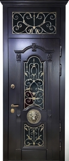 Металлическая термодверь с фрамугой, карнизом, ковкой и стеклопакетом (МДФ с резьбой и чеканкой «лев») Металлическая термодверь с фрамугой, карнизом, ковкой и стеклопакетом (МДФ с резьбой и чеканкой «лев»)