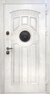 Входная термодверь с белыми плитами МДФ и декором «лев» Входная термодверь с белыми плитами МДФ и декором «лев»